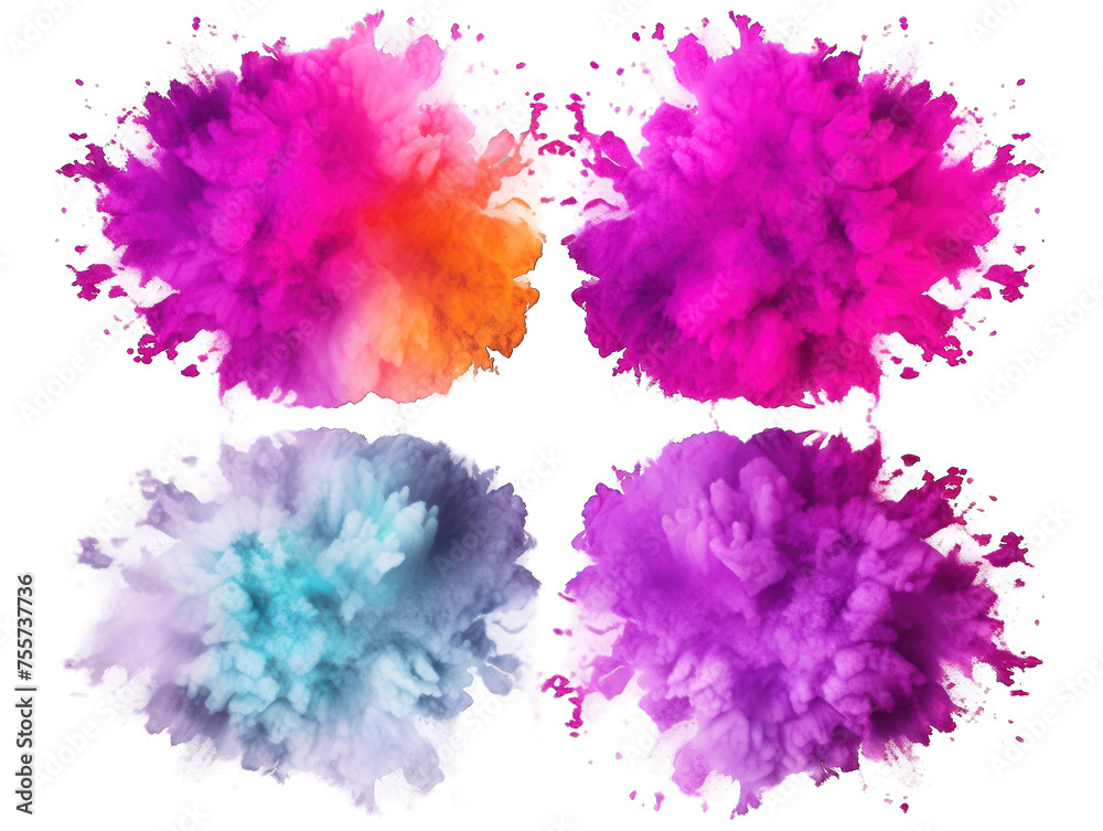 Set of orchid paint color powder festival explosion burst isolated on transparent background, transparency image, removed background