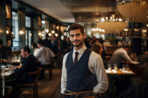 A smiling male waiter in a vest greets guests in a restaurant, against the backdrop of tables with clients and modern interior