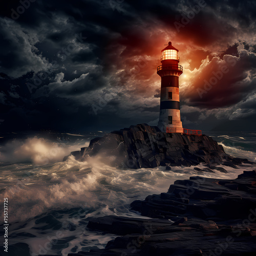 A coastal lighthouse during a stormy night.