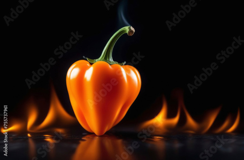 Orange hot fresh pepper, spicy vegetables, chilli pepper, black background with flames