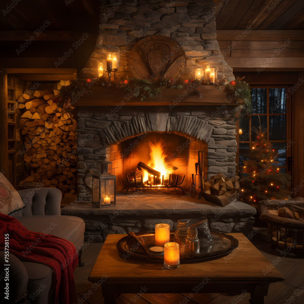 A cozy fireplace with logs burning and warm lighting