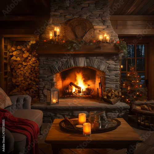 A cozy fireplace with logs burning and warm lighting © Cao