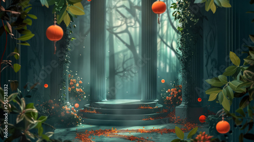  A fantasy digital backdrop for photography, an enchanted forest with tall columns and oranges hanging from the trees, there is a round podium in front.