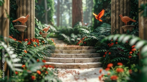 an enchanted garden with lush greenery, orange flowers, and a stone staircase leading to the center. Birds in flight above, create a magical atmosphere.