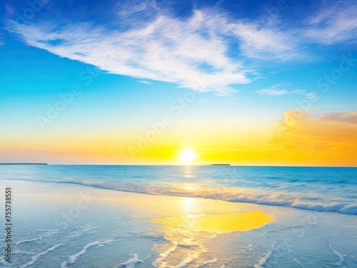 Gorgeous abstract background of the water in summer. Beach with golden sand, blue ocean, cloud cover, and sunset in the distance.