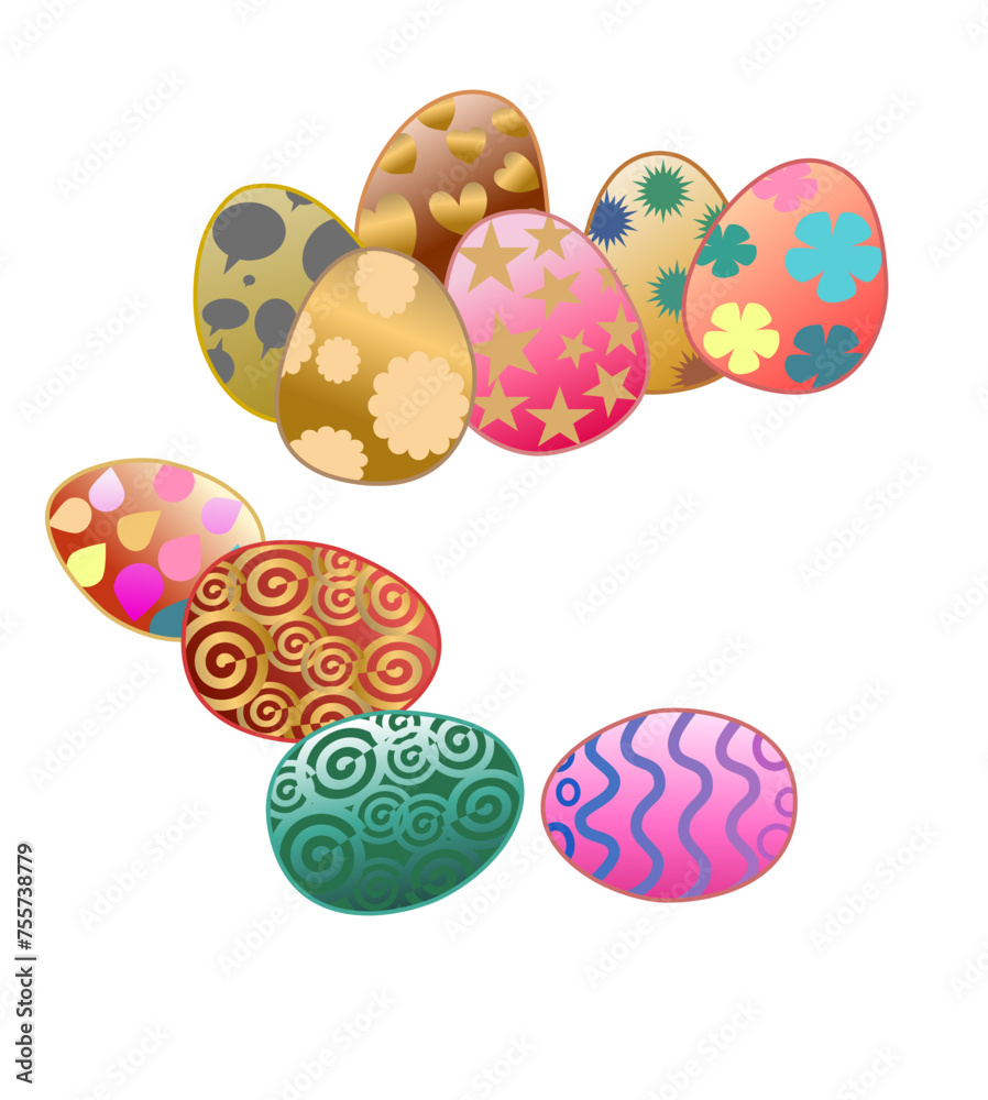 Cartoon image of colorful Easter eggs. There are cute patterns.