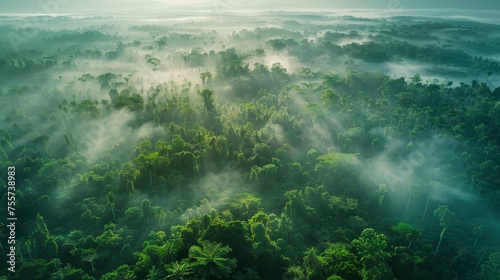 Misty aerial view of a lush rainforest highlighting 