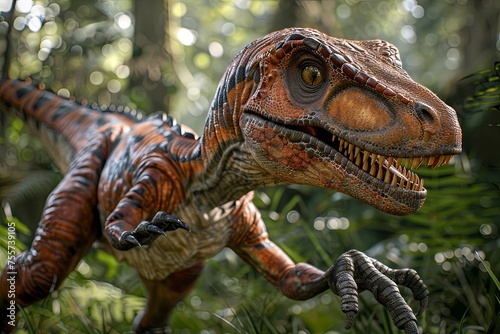 Velociraptor standing in a lush prehistoric jungle © Nutcha