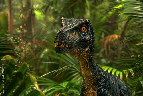 Velociraptor standing in a lush prehistoric jungle © Nutcha