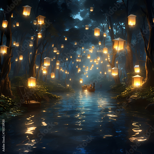 A dreamy forest with floating lanterns.