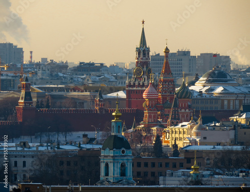 Kremlin wall, Spassky Tower and St Basil Cathedral in Moscow, Russia