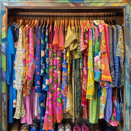An eclectic wardrobe bursting with a mix of colorful and patterned garments, reflecting a diverse and vibrant style.