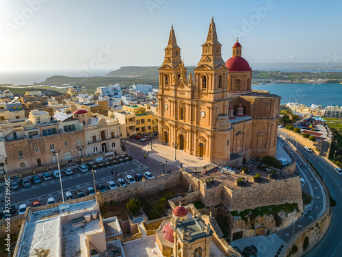 Famous The Parish Church in Mellieha. Blue sky, sea, day. Malta island 