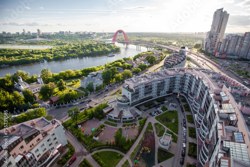 Residential district and Zivopisny cable-stayed Bridge in Moscow, Russia at summer