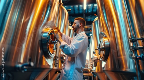 Modern beer lab technicians analyzing samples in stainless steel brewery with precision