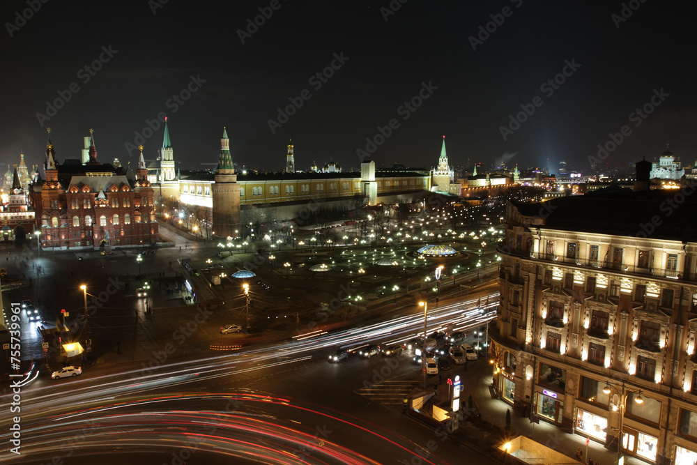 Historical Museum, Kremlin and Manezhnaya Square at night in Moscow, Russia