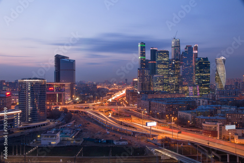 Highway and Moscow International Business Center at evening. Years of construction of complex - 1995-2018