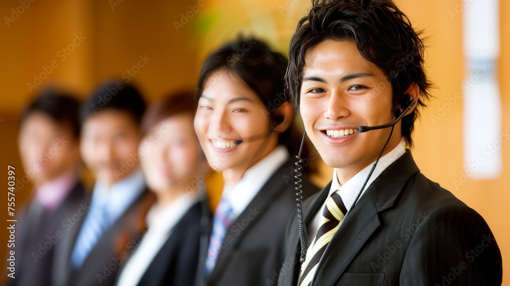 Diverse group of asian professionals diligently working in a modern call center office environment Diverse group of asian professionals diligently working in a modern call center office environment