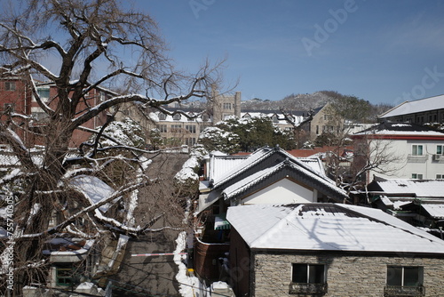 Hanok in Seoul with snowy weather. Winter in Seoul. Winter in Korea.