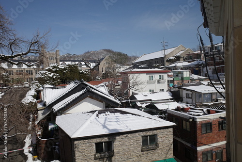 Hanok in Seoul with snowy weather. Winter in Seoul. Winter in Korea.
