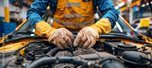 Experienced mechanic s expert hands repairing a vehicle in an automotive service workshop