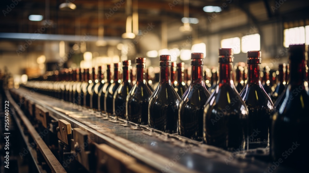 Production line of wine bottles at a winery, depicting the bottling phase in wine manufacturing. - obrazy, fototapety, plakaty 