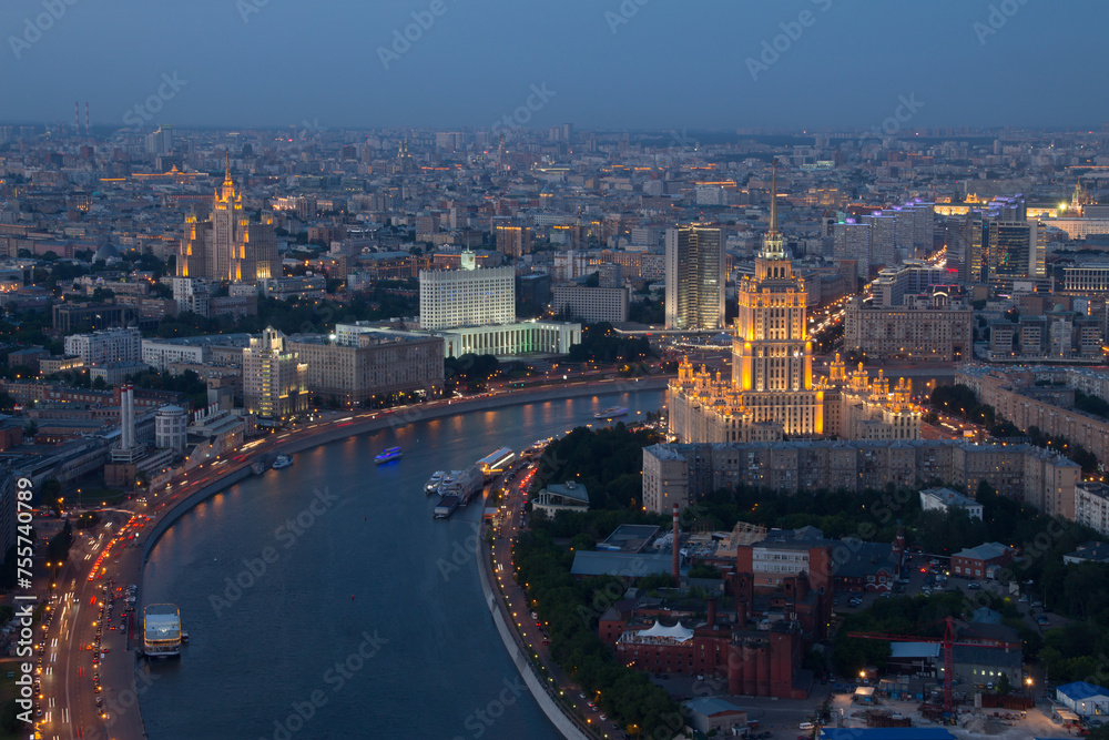 Government building, Hotel Ukraine, Moscow river at night, Moscow, Russia
