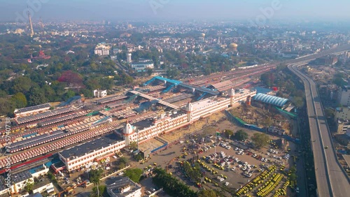 Aerial view of Varanashi railway Station, Drone view railway station  photo