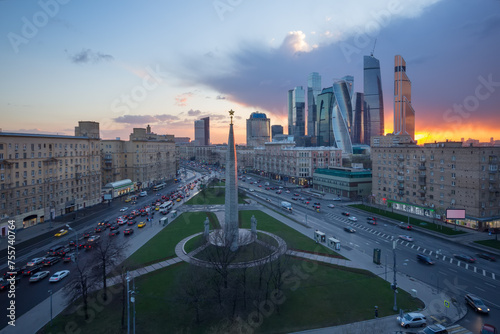  Intersection of Kutuzov Avenue and Big Dorogomilovskaya street in evening. Monument Moscow Hero-city is located at this intersection photo