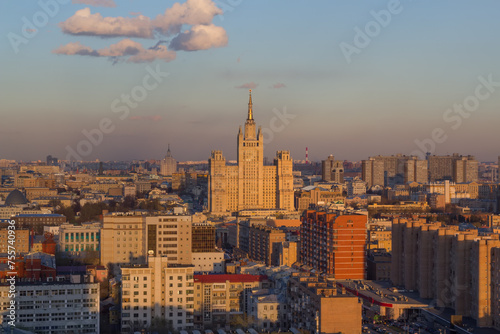 Residential building on square Kudrinskaya (Stalin skyscraper) during sunset in Moscow, Russia photo