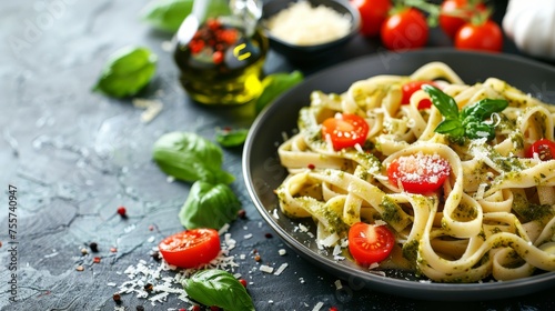 Pesto tagliatelle with parmesan on plate in modern restaurant  dinner menu on white background