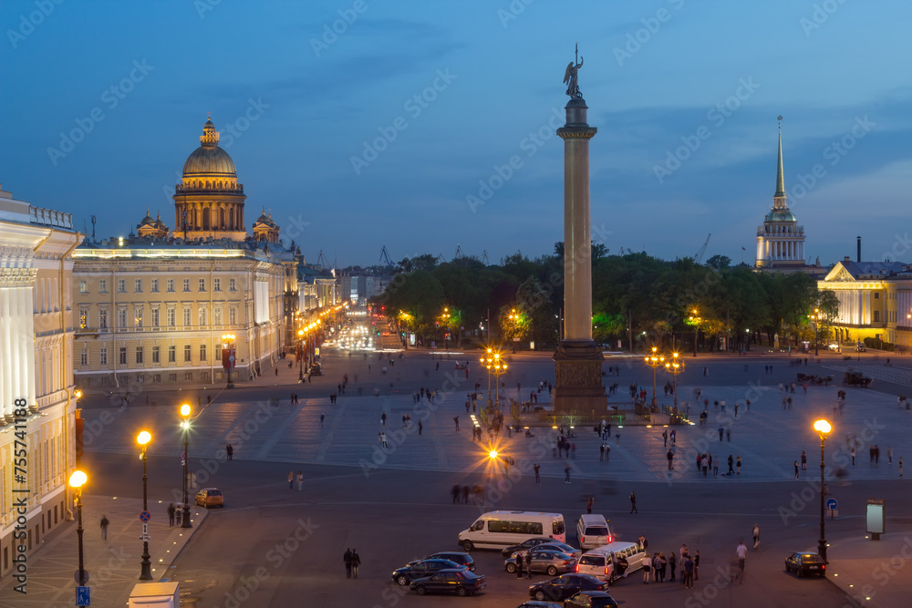 Alexander Column on square in front of Main Staff building at evening in St. Petersburg, Russia