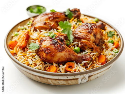 Chicken biryani isolated on white background. Cooked with selected spices with a traditional recipe.