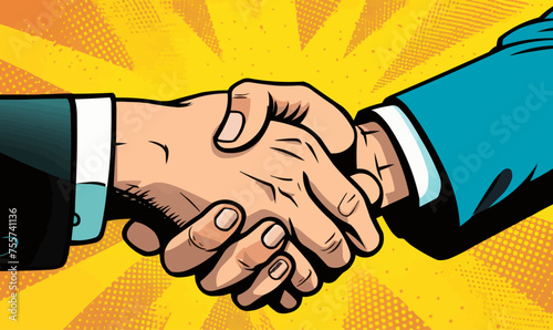 handshake business corporate deal contract colorful partnership teamwork pop art retro comic vector illustration