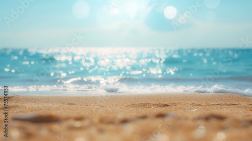 Natural blurred defocused background for concept summer vacation. Nature of tropical summer beach with rays of sunlight. Light sand beach, ocean water sparkles against blue sky, generative ai
