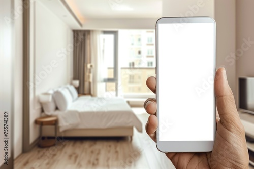 Hand holding white telephone with blank screen in bedroom with bed and window. The phone was empty, and the room looked clean and tidy