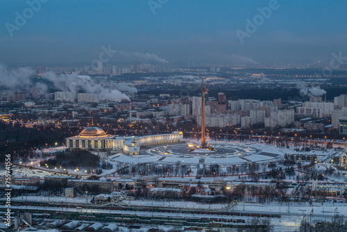 Victory park is architectural ensemble with monuments, obelisks at winter in Moscow, Russia