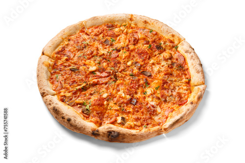 Pizza with meat and ham on a white background.