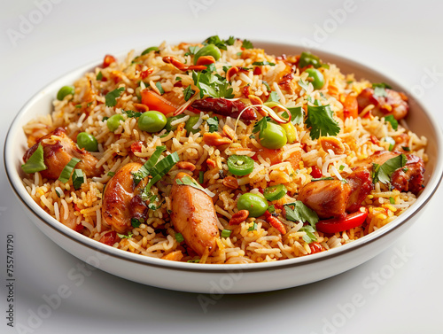 Chicken biryani isolated on white background. Cooked with selected spices with a traditional recipe.