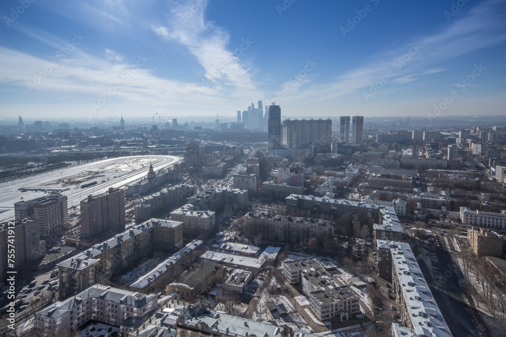 Idustrial area, Begovoy Area, hippodrome at winter day in Moscow, Russia