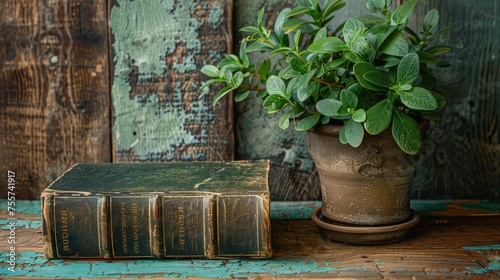 Old Book on Wooden Table Next to Potted Plant © Media Srock