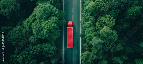 Aerial view of car and truck on road in lush forest captured by drone from above © Ilja