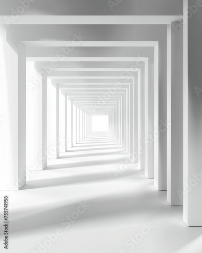 Minimalist white corridor with a perspective that creates an illusion of infinity.
