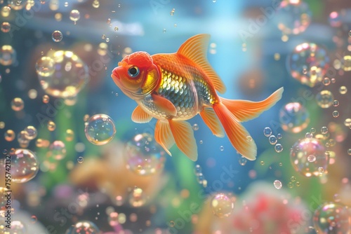 Floating bubble fish aquarium above peppermint snail trails. Realistic HD