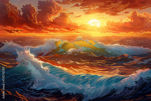 Illustration of vibrant ocean waves with a dramatic sunset sky.