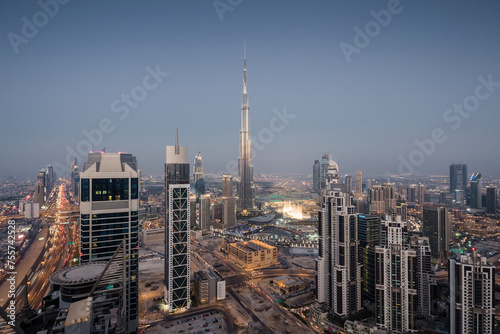 Evening Millenium Tower and Burj Khalifa, Executive Towers at night, Burj Khalifa - skyscraper in height of 828 meters in Dubai, tallest structure in world