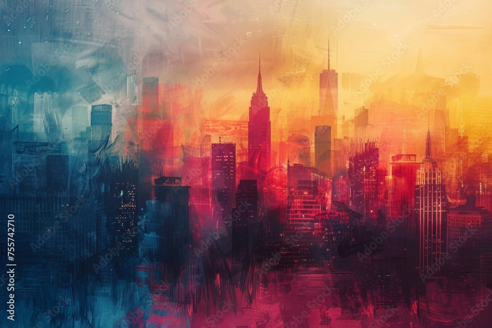 Skyline of towering buildings captured in colorful abstract strokes.