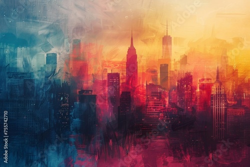 Skyline of towering buildings captured in colorful abstract strokes. photo