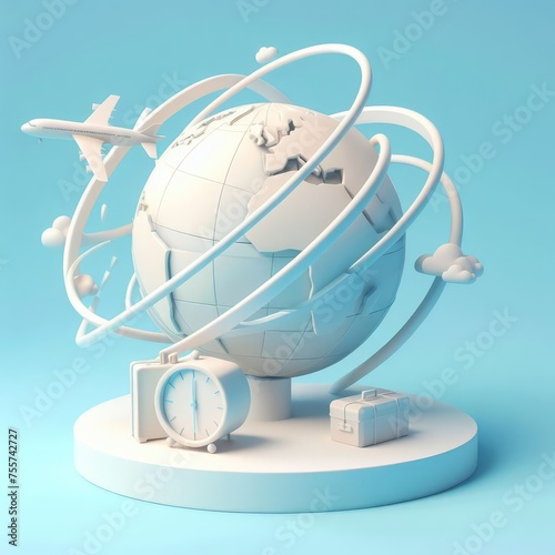 Planet Earth and Travel Symbols Around. Soft shapes 3D illustration with delicate pastel colors.