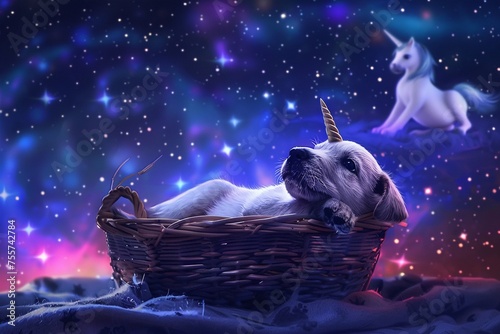 Puppies in a basket watching a starry night sky with a unicorn. Clean photo